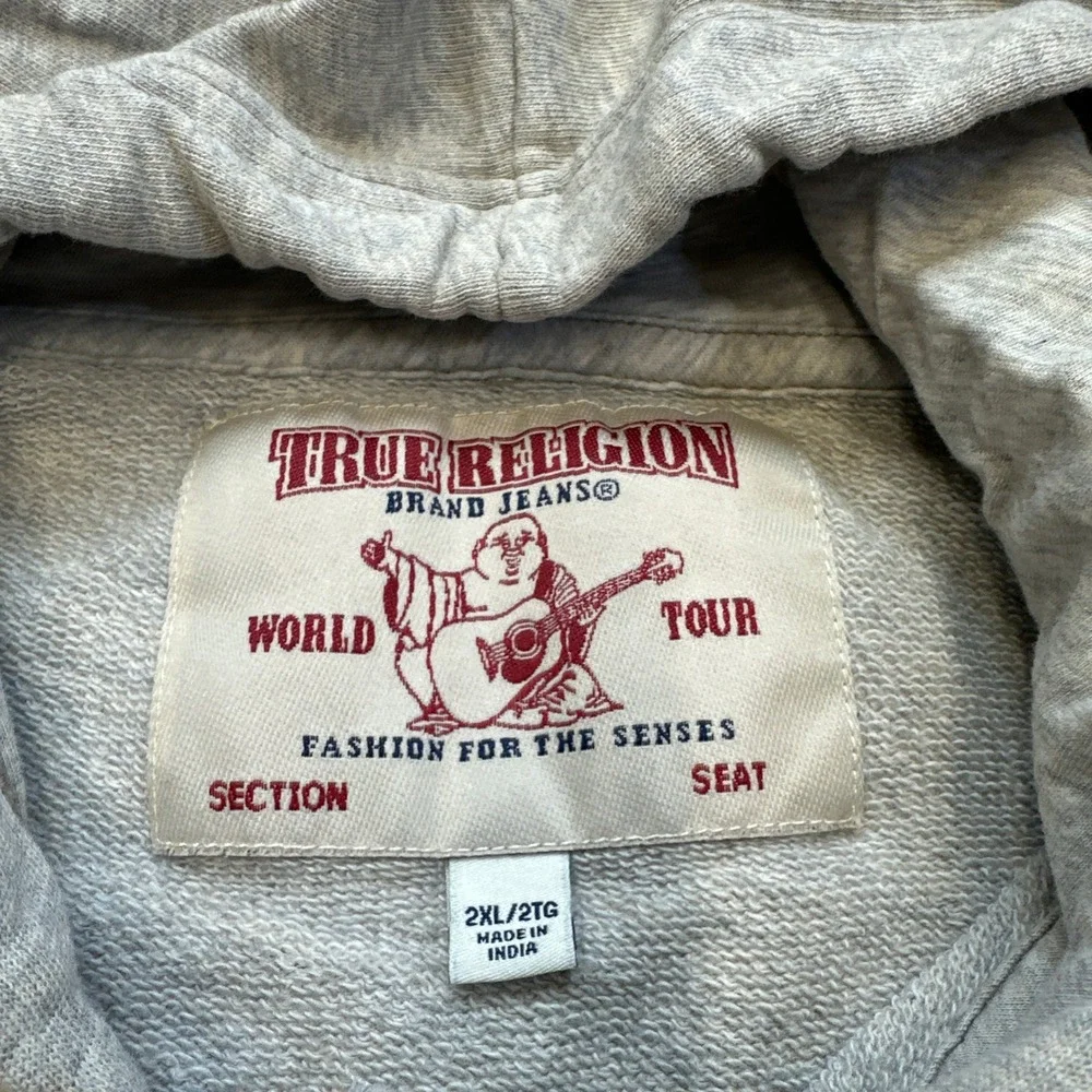True Religion Y2K Hoodie Mens 2XL Sweatshirt Full Zip Gray World Tour Buddha*